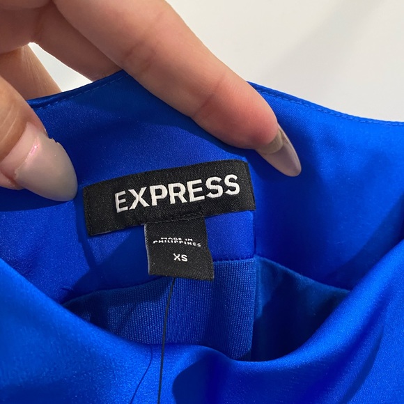 Express Conscious Edit Satin Cowl Neck Asymmetrical Hem Maxi Slip Dress - Picture 9 of 12